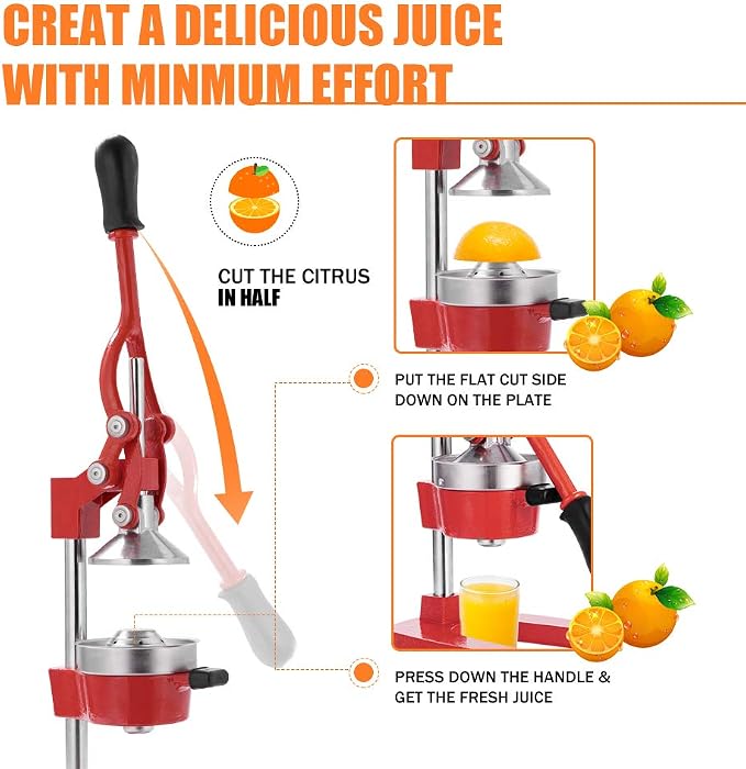 Commercial Heavy Duty Cast Iron Hand Press Manual Orange Citrus Lemon Lime Grapefruit Pomegranate Fruit Juice Squeezer Machine with Stainless Steel Cup Red - Image 5