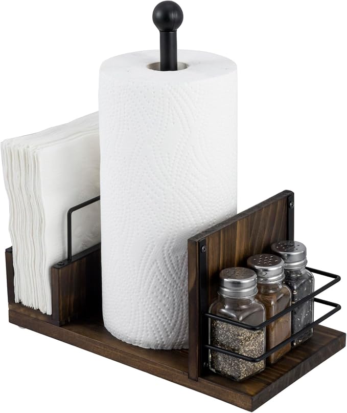 MyGift Rustic Burnt Solid Wood and Industrial Matte Black Metal Dining Combination Caddy with Paper Towel Roll Dispenser Stand, Napkin Holder, and Spice Rack by MyGiftHome
