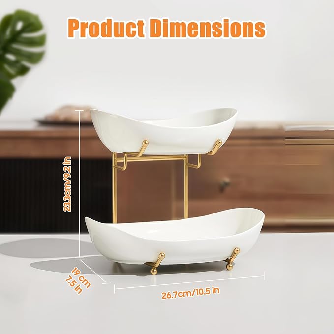 2 Tier Fruit Bowl, Ceramic Fruit Basket for Kitchen Counter | Fruit Holder for Kitchen, with Metal Stand, No Installation Required, Save Space, Easy to Clean, Modern, Gold&White, Small - Image 3