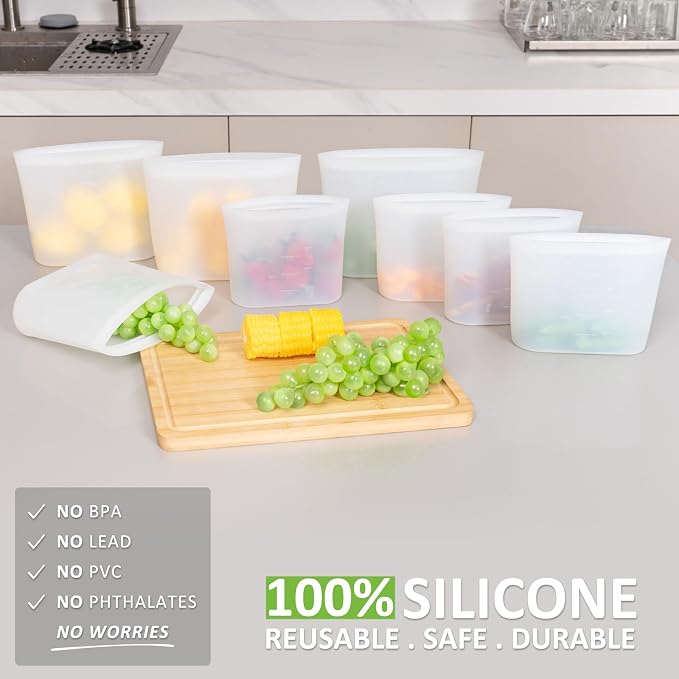 Reusable Sandwich & Snack Bags, 8 Pack 100% Silicone Stand Up Zip Lock Food Storage Bags for Food Container, Freezer Microwave Oven Dishwasher Safe, 4 Small 4 Extra Small, Translucent - Image 2