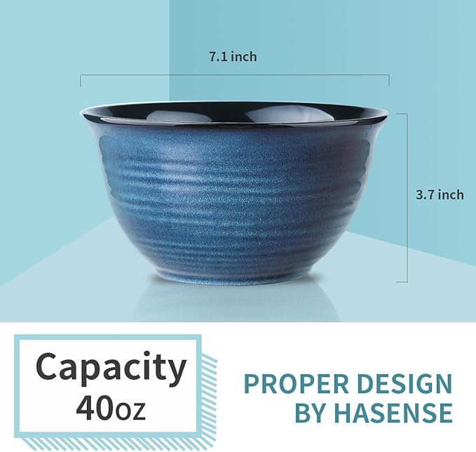 Hasense Ceramic Soup Bowls Set of 4, 40 Ounce Large Cereal Bowls for Kitchen, 7 Inch Serving Bowls for Salad Pasta Ramen Pho Popcorn, Dishwasher Microwave Safe, Navy Blue - Image 3