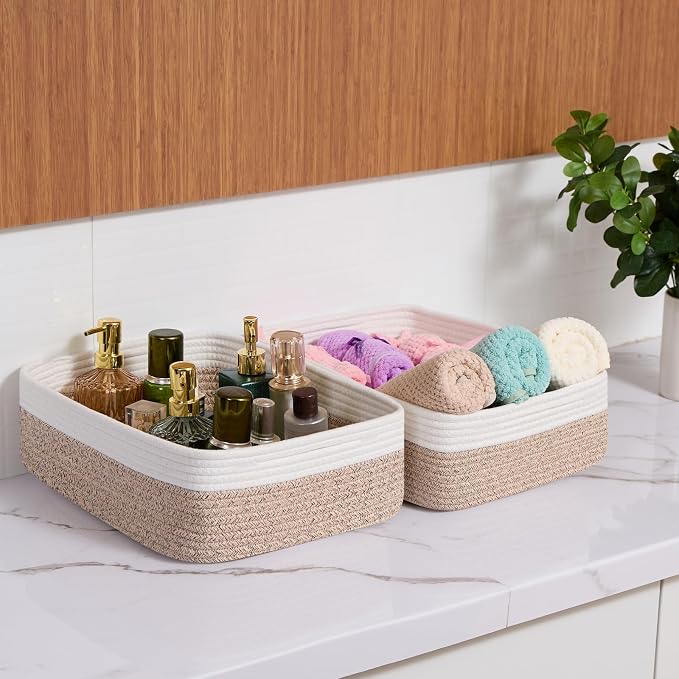 MiniArk Large Shallow Organizing Baskets 15x11x5.1 Inches - Rope Woven Storage Bins for Bathroom, Shelves, Cube Closet, White Mixed Brown 3 Packs - Image 6