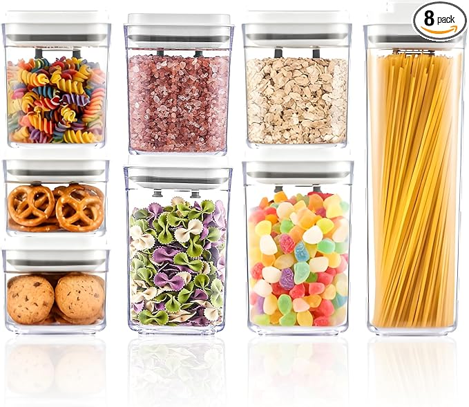 UFORU Pop Airtight Food Storage Containers, 8-Piece Canister Set with Lids | 0.37 Qt x2, 0.74 Qt x3, 1.0 Qt x2, 1.9 Qt x1, One-Touch Opening, BPA-Free, Stackable, Cereal, Rice, Flour, Snacks, Pantry Use by UFORU
