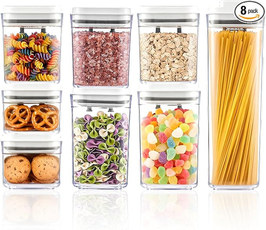 UFORU Pop Airtight Food Storage Containers, 8-Piece Canister Set with Lids | 0.37 Qt x2, 0.74 Qt x3, 1.0 Qt x2, 1.9 Qt x1, One-Touch Opening, BPA-Free, Stackable, Cereal, Rice, Flour, Snacks, Pantry Use by UFORU