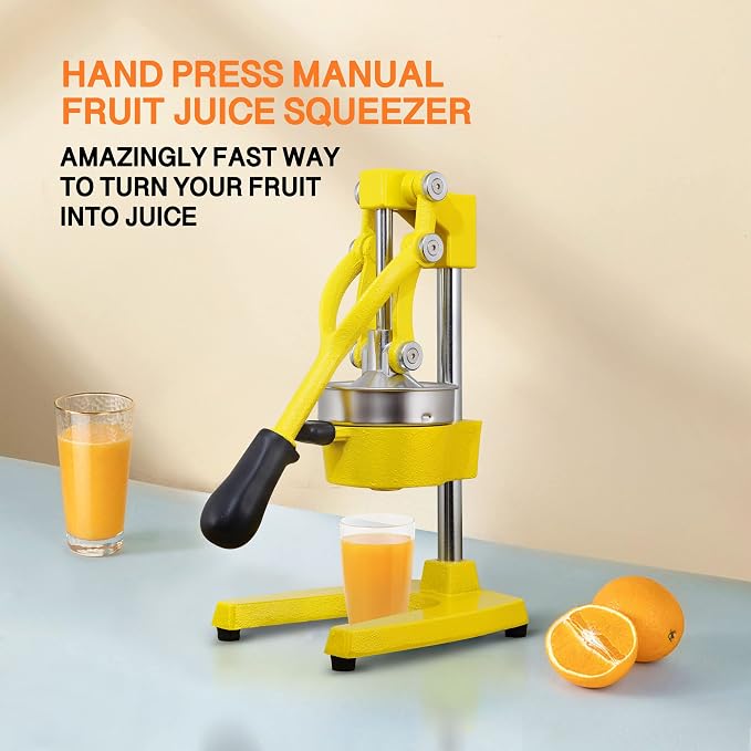 Commercial Heavy Duty Cast Iron Hand Press Manual Orange Citrus Lemon Lime Grapefruit Pomegranate Fruit Juice Squeezer Machine with Stainless Steel Cup Yellow - Image 2