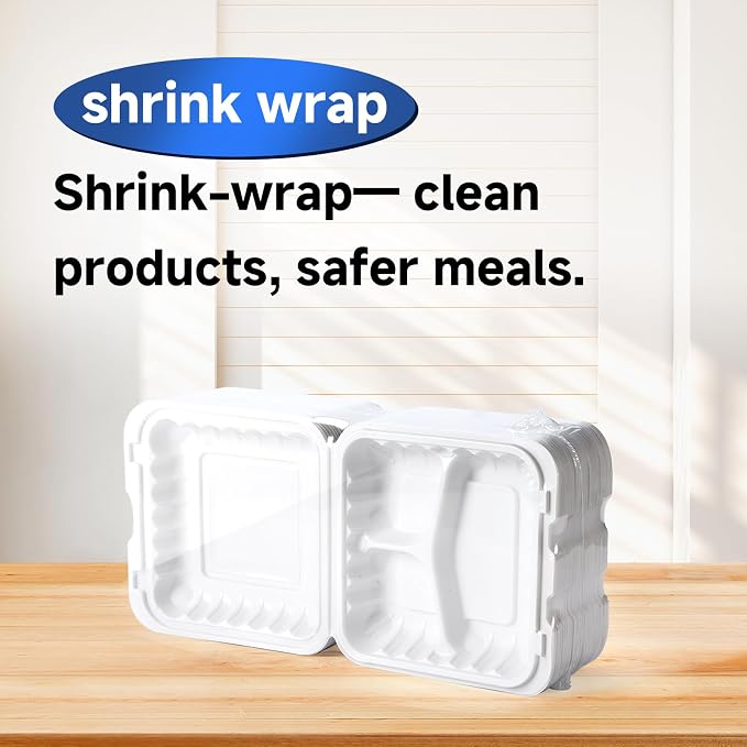 Food Containers 8" 34 oz 55 Pack - Shrink Wrapped Ready to Use | 3 Compartment Mineral Filled PP Clamshell | Microwave & Freezer Safe | BPA Free White To Go Boxes for Meal Prep & Leftovers - Image 2