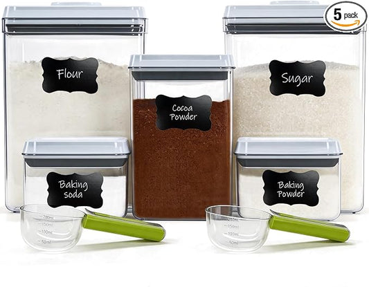 Pop Push Button Airtight Food Storage Containers Baking Set 5 Pcs | BPA-Free Stackable Canisters with Scoops – 3 Sizes for Flour, Sugar, Baking Soda, Cocoa Powder, Pantry & Baking Essentials by MiraFureBrand