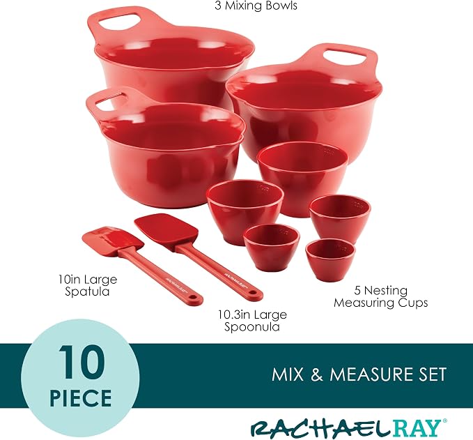 Rachael Ray Pantryware Nesting Mixing Bowls with Built-in spouts and Handles and Measuring Cups For Space-saving storage, Utensil Set, Dishwasher Safe, 10 Piece, Red - Image 2