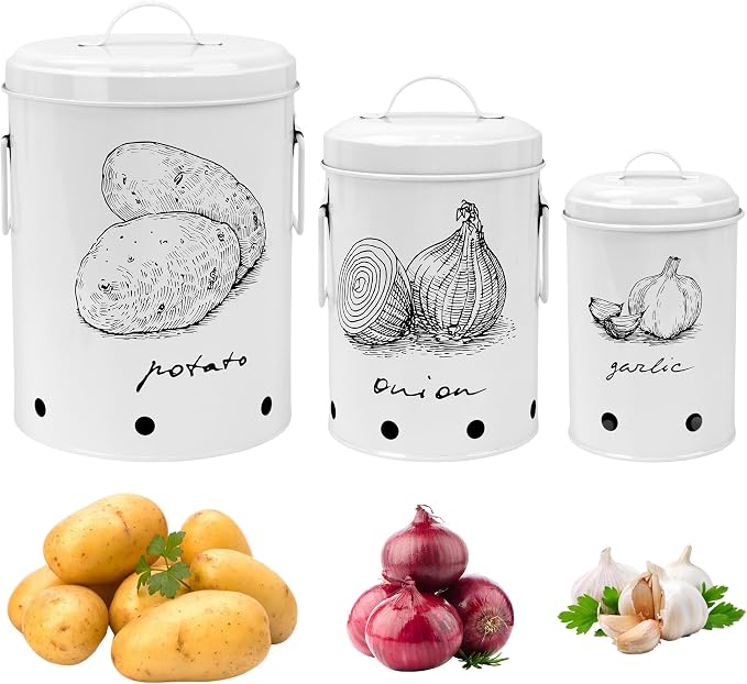 Kitchen Potato and Onion Storage Bin,Metal Vegetable Storage Bins Set of 3 with Aerating Holes and Lids,Farmhouse Canisters Sets for the Kitchen Countertop (1, Circular) by EQEYBRAND
