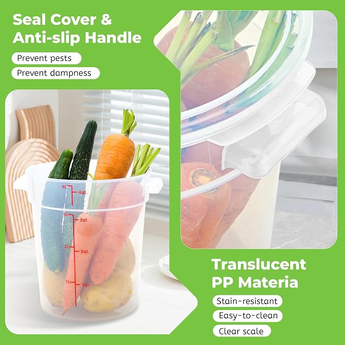 BIEAMA 4 Pack 4 Qt Round Food Storage Containers with Lids, Translucent PP | Include lids, labels, measuring cups and containers with capacity markings for food prep, pantry storage and dough proofing. - Image 4