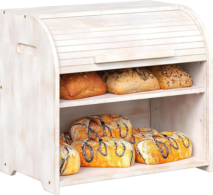 Trironsun Bamboo Roll Top Bread Box for Kitchen Countertop Large Capacity Bread Storage Bin 2 Layer Wooden Bread Storage Organizer Natural Breadbox for Food Storage (Antique White) by TrironsunHome