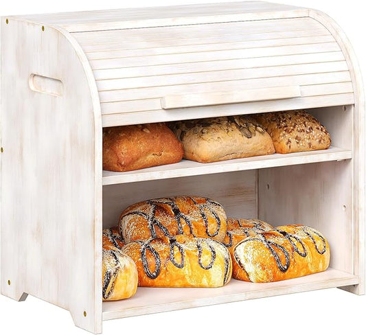 Trironsun Bamboo Roll Top Bread Box for Kitchen Countertop Large Capacity Bread Storage Bin 2 Layer Wooden Bread Storage Organizer Natural Breadbox for Food Storage (Antique White) by TrironsunHome