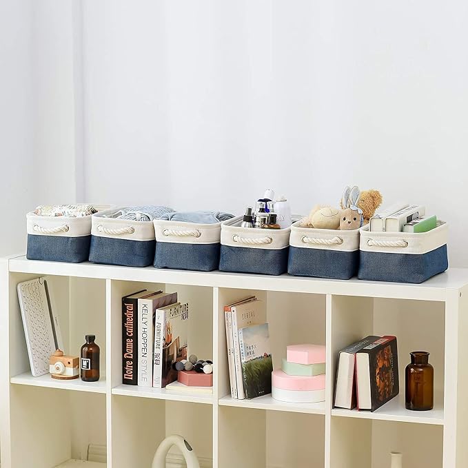 Storage Basket for Organizing - Small 12x8x5.2 inch 6 Pack Collapsible Storage Bin for Shelves, Canves Storage Cubes for Organizer Cloth Box Gift Toys Closet (White & Jean Blue) - Image 6