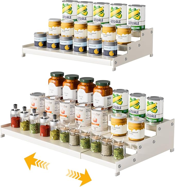 Expandable Carbon Steel Spice Rack Organizer for Pantry, Adjustable 3-Tier Ladder Shelf,Holds Up to 24 Cans,Kitchen Countertop Organizer, Rustproof Storage Rack for Spices, Cans, Sauces & Dry Goods - Image 2
