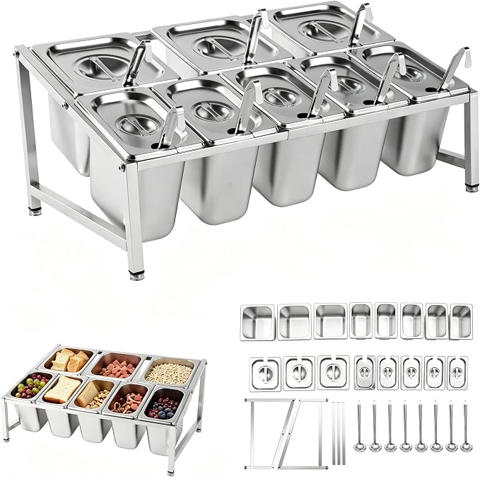 Telescoping Pizza Topping Station Condiment Container Food Prep Holder | Stainless Steel Container Set with 8 Pans & Spoons&Lid, Spice Rack Ingredients Holder Bar Kitchen Pizza Oven Accessories by kunghei