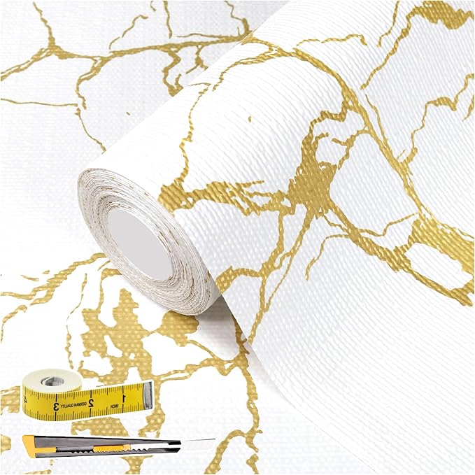 Drawer and Shelf Liner for Kitchen Cabinet Non Slip Waterproof | Shelf Paper 17 in X 30 Ft Non Adhesive Refrigerator Liners Gold White Marble Easy Liners for Bathroom Cupboard by Kimhan