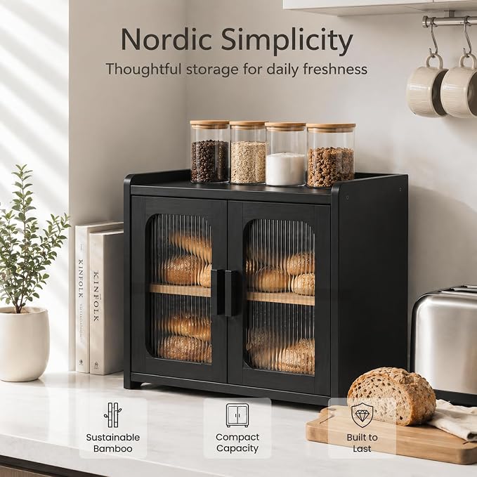 Premium Solid Wood Bread Box for Kitchen Countertop, 2-Tier Breadbox | Large Capacity, Corner Bread Box for Homemade Bread and Sourdough, Kitchen Countertop Organizer, Black - Image 3
