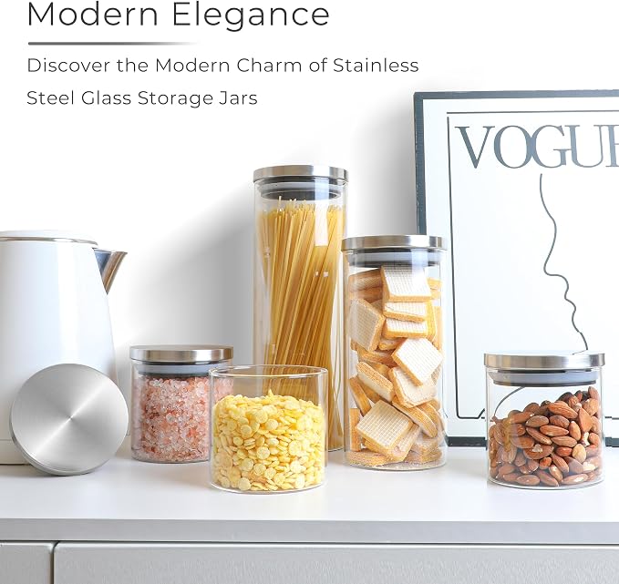 ComSaf Glass Food Storage Containers with Stainless Lids, 44 OZ Clear Glass Jar with Lid, Glass Containers with Lids set of 3, Flour Container for Pasta Sugar Tea Coffee Bean, Kitchen Canister Set - Image 3