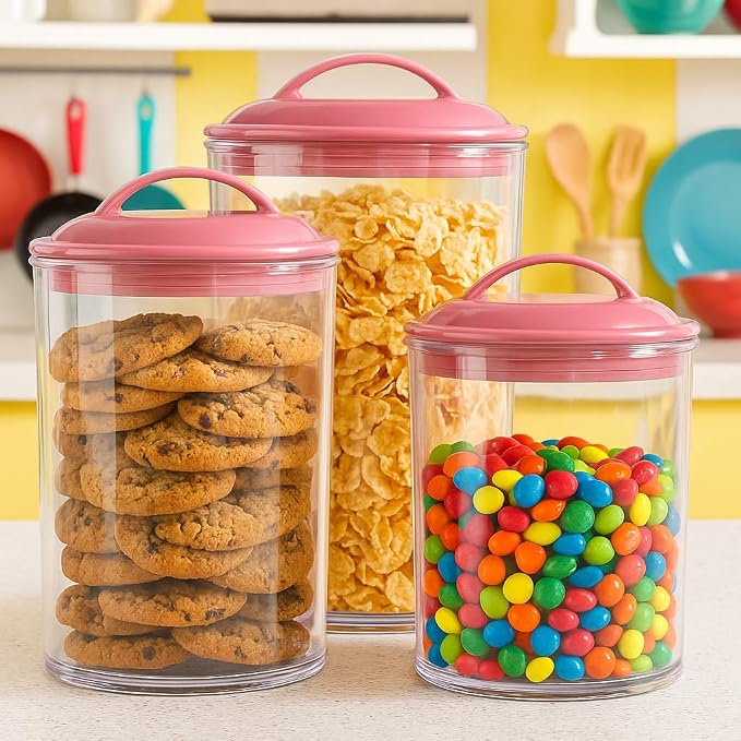 Reston lloyd Food Storage Containers, BPA Free Airtight Canisters for Cereal, Pasta, Sugar, Coffee, Flour, Cookies, Loose Tea, for Kitchen Organization, Set of 3, Pink - Image 2