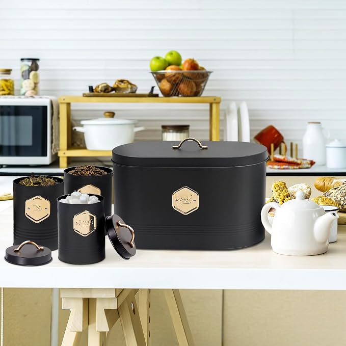Plexon Bread Box for Kitchen Countertop with 3 Coffee, Tea, Sugar Canisters, Metal 4-Piece Bread Box Set with Lids and Cooper Labels, Black, BBCP4STBK - Image 6