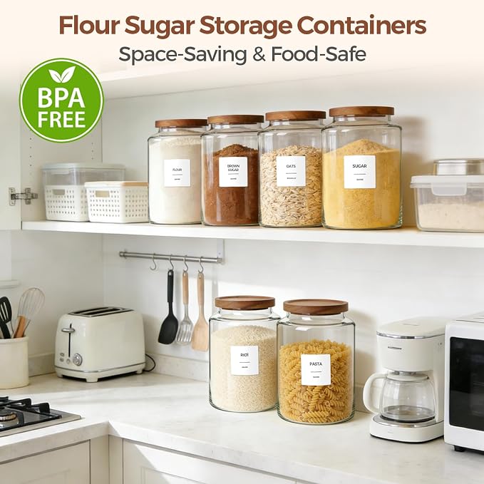 ComSaf Flour Storage Containers with Acacia Wood Lids 1Gallon 2Pack | 4.2Qt Large Glass Jar, for Cooks, Flour Cereal Rice Oats, Kitchen Pantry, 4.4in Wide Mouth, Canister with Scoops & Labels - Image 4