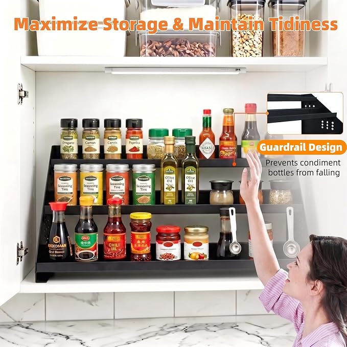 RICHMYC 3-Tier Spice Rack Organizer, 13"-22" Expandable, Height Adjustable | Metal Spice Organization for Cabinet, Kitchen Seasoning Organizer , Anti-Slip Guardrail Spice Storage for Countertop, Pantry - Image 5