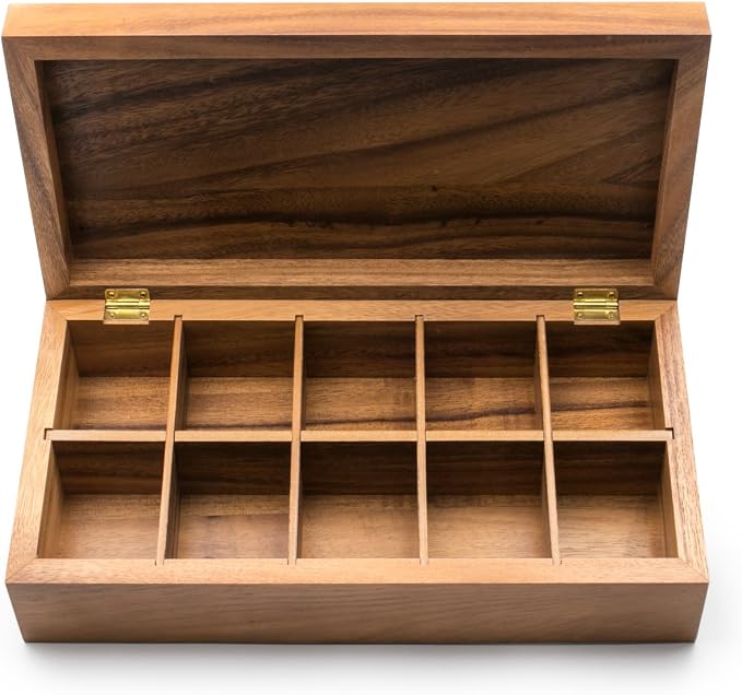 Ironwood Gourmet Rectangular Vauxhall Double Tea Box, Acacia Wood,Brown, 10 Compartment | Store & Display Your Tea Bag Collection | Beautiful Acacia Wood Tea Box Organizer With Lid | Stores Jewelry & Craft Supplies - Image 2