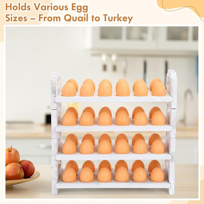 Reallnaive 4 Tier Wooden Egg Holder for Countertop, Stackable Fresh Egg Storage Farmhouse Collecting Rack for Gathering Kitchen Organizer Duck Eggs Display, Stackable with 72 Eggs (White,Pine) - Image 7