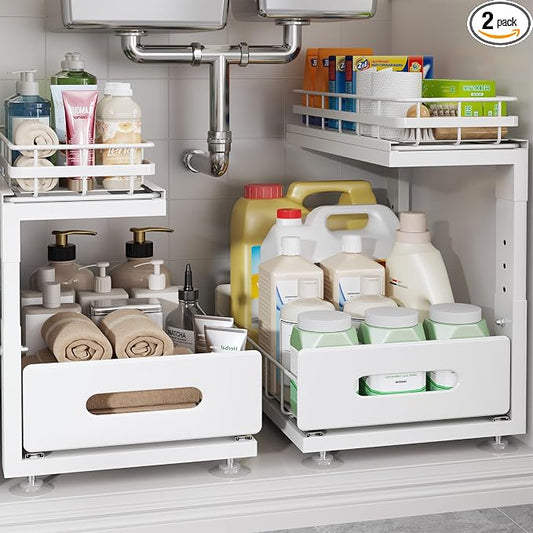 Under Sink Organizer Upgrade To Professional Rails,2-Tier Dual Pull Out Cabinet Storage,Height Adjustable Slide Out Drawers For Bathroom Kitchen,2 Pack-14.5" Dx12.8-16.9" H,White by UnderSinkOrganizer