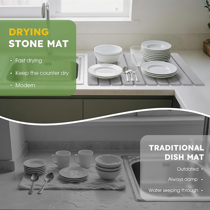 Large Stone Dish Drying Mat for Kitchen Counter – 24"×16" Collapsible Diatomaceous Earth Mat, Ultra Absorbent & Quick Dry, Foldable Drying Pad for Dishes, Bottles, Cups (Light Grey) - Image 5