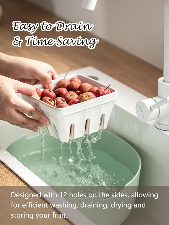 Gomakren Fruit Basket for Kitchen, Berry Washing Bowl, Ceramic Berry Basket Set of 2, Fruit Bowl with Holes, 5.7 Inch Square Berry Containers Colander - Farmhouse Kitchen Decor, White - Image 4