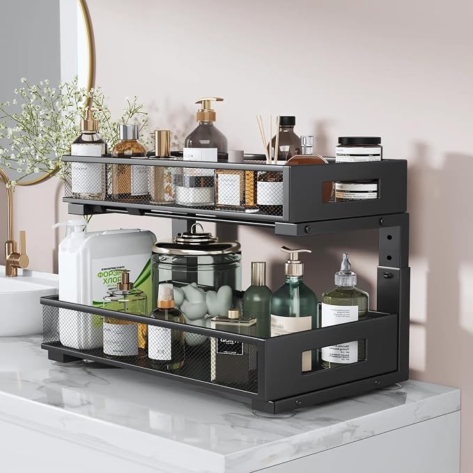 2 Packs 19IN Depth Under Sink Organizer, 2-Tier Pull Out Cabinet Organizer With Smooth Circular Rail, Large Capacity Metal Mesh Sliding Drawers For Bathroom& Kitchen Storage,Height Adjustable –Black - Image 6