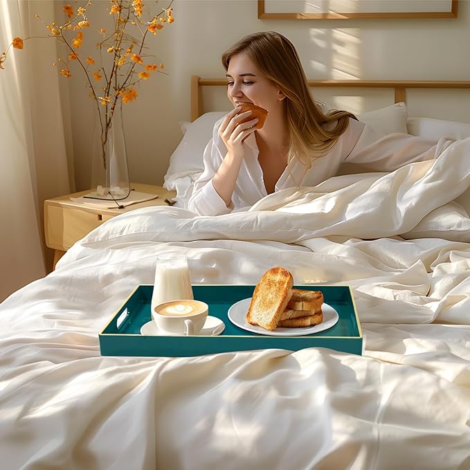 Teal Decorative Tray for Coffee Table, Serving Tray with Handles | Plastic Melamine Tray, Modern Ottoman Tray, Rectangular Countertop Organizer Tray for Living Room, 15.8"L x 10.2"W x 1.4"H - Image 6