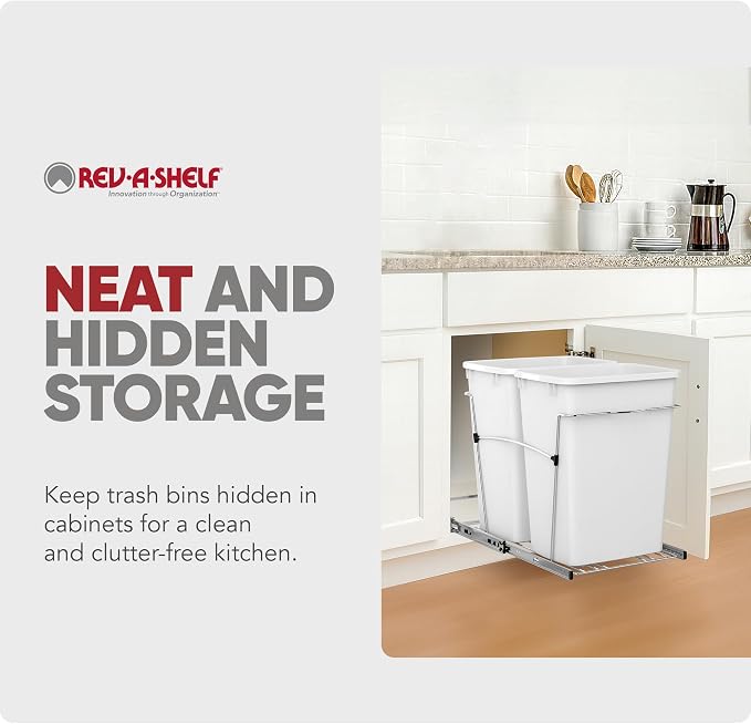 Rev-A-Shelf Double 35 Qt Pullout Trash Can for Base Kitchen Cabinets, Garbage Waste Bin System with Full-Extension Slides, Min Opening Width of 14.5" White/Chrome, RV-18KD-11C S - Image 5