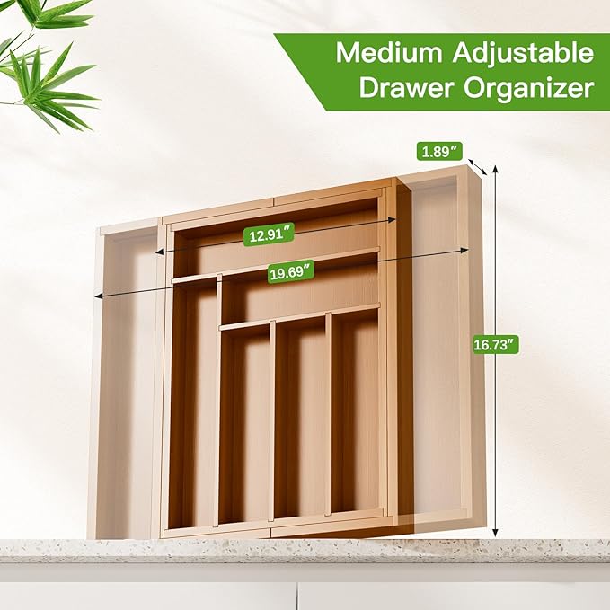 Pipishell Bamboo Expandable Drawer Organizer for Utensils Holder, Adjustable Silverware Organizer Cutlery Tray, Drawer Dividers for Utensils, Flatware, Knives in Kitchen, Bedroom, Living Room Brown - Image 3