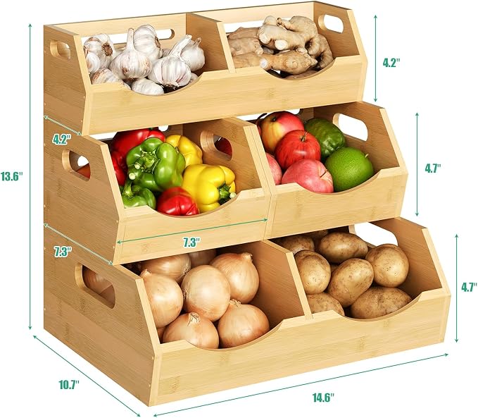 Onion Storage Bins Potato, 3 Tier Bamboo Pantry Storage Bin Stackable Ventilated Kitchen Organizer for Pantry, Countertop, Bathroom, Space-Saving, Easy Access Handle Natural Brown(Assembly Required) - Image 7