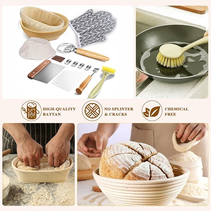 Sourdough Starter Kit Banneton Bread Proofing Basket Baking Set Gift with Heat-Resistant Gloves,Sourdough Baskets Sourdough Tools, Includes 9-inch Round and 10-inch Oval Bread Making Tools - Image 3
