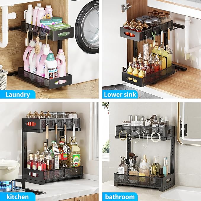 2-Pack Under Sink Organizer, 2-Tier Pull Out Cabinet Storage, Black | Rustproof Carbon Steel, Mesh Sliding Drawers, 5-Level Height Adjustable to Bypass Pipes, for Kitchen, Bathroom, Laundry - Image 8