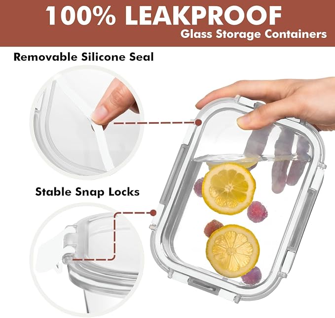 Razab 30 PC Glass Food Storage Containers with Lids - Reusable Glass Meal Prep Containers for Lunch and Leftovers - Airtight & Leakproof Snap Locking Lids - Oven, Freezer, Microwave, Dishwasher Safe - Image 6