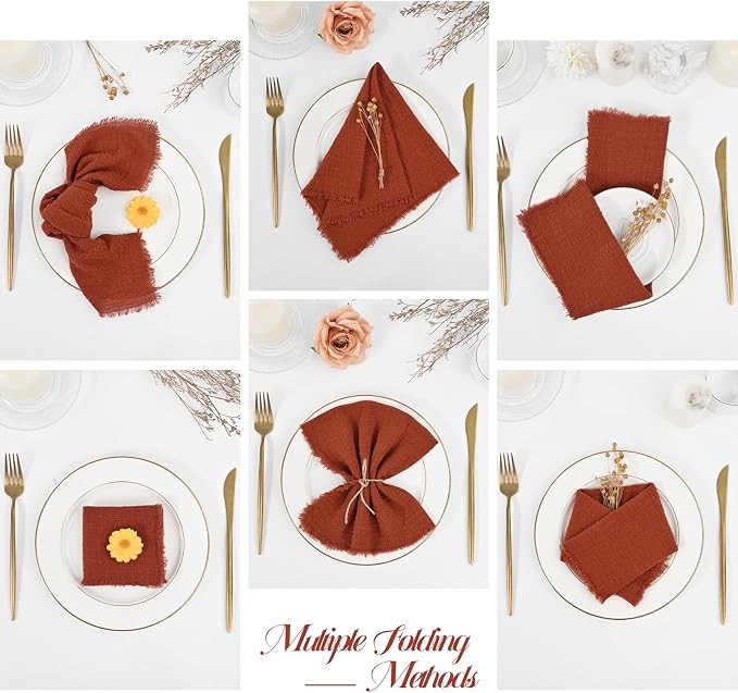36 Pack Terracotta Cloth Napkins, 12 x 12 Inch Cotton with Fringe Settings | Handmade washable reusable cotton dinner napkins in bulk for weddings, parties, rustic boho table settings - Image 3