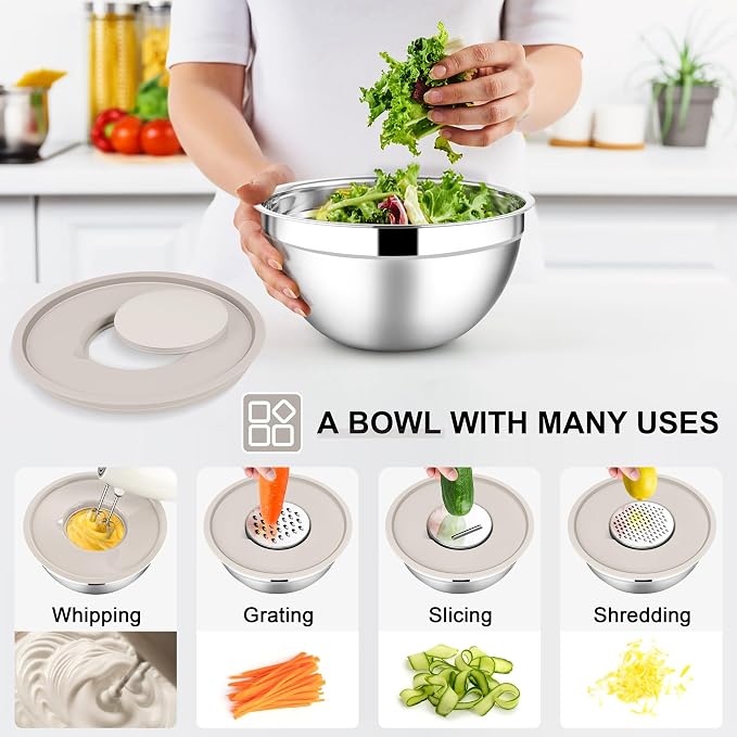 E-far Mixing Bowls with Lids Set, 21PCS Stainless Steel Mixing Salad Bowls with 3 Grater Attachments, Size 7, 4.6, 3.5, 2.6, 2, 1.5, 1QT, Nesting Design & Khaki Airtight Lid, For Baking/Prepping - Image 3