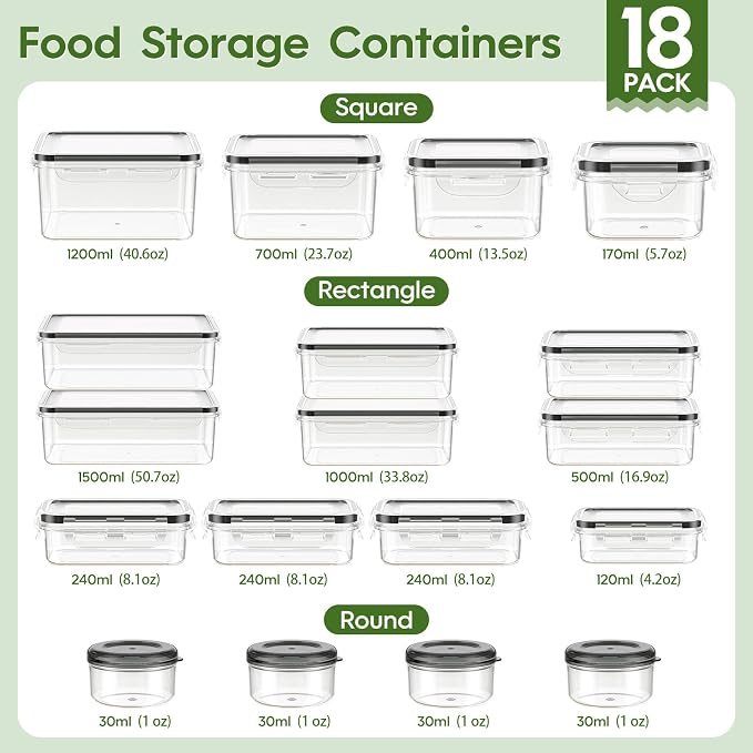 KEMETHY 36-Piece Food Storage Containers with Lids(18 Container & 18 Lid), Plastic Food Containers for Pantry & Kitchen Storage and Organization, BPA-Free, Leak Proof, Reusable with Labels & Pen - Image 2