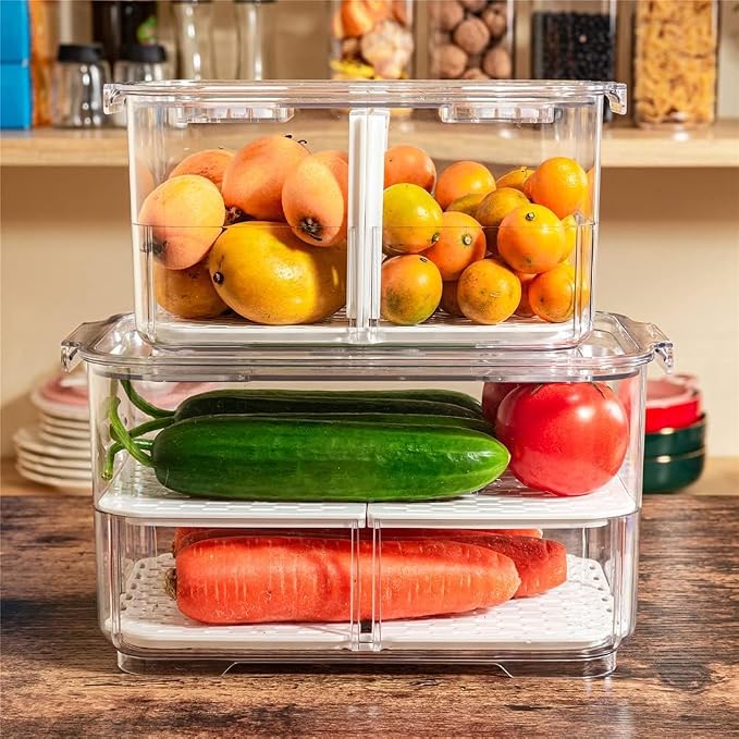 Refrigerator Organizer Bins, Stackable Freezer Lettuce Keeper with Lids and Removable Drain Tray Food Storage Containers for Fridge Freezer Cabinet Kitchen Organization - 4 Pack - Image 6