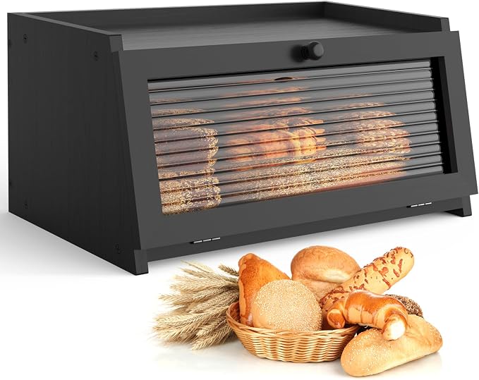 LOHASOK Bread Box for Kitchen Countertop,Black | Wooden,Large, Farmhouse Bread Container Holder Storage, Acrylic translucent window by Lohasok