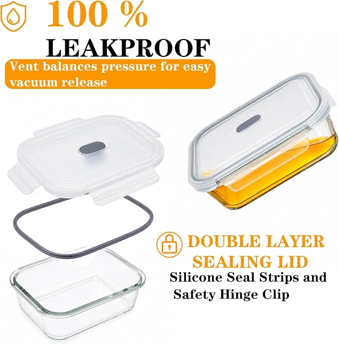 24PC Gray Glass Meal Prep Containers, Airtight Leakproof Snap Lids, Reusable Food Storage for Lunch Leftovers, Oven Microwave Freezer Dishwasher Safe - Image 3