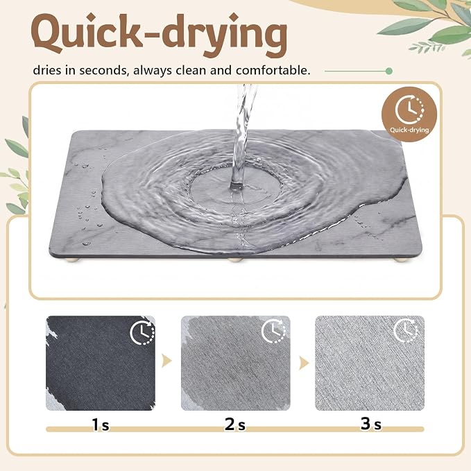 1 Pcs 32" x 18" Extra Large Stone Dish Drying Mat for Kitchen Counter Marble Diatomaceous Earth Mat with Wooden Feet Absorbent Quick Dry for Pot Dishes Bottles Cups Bottles Tableware - Image 3