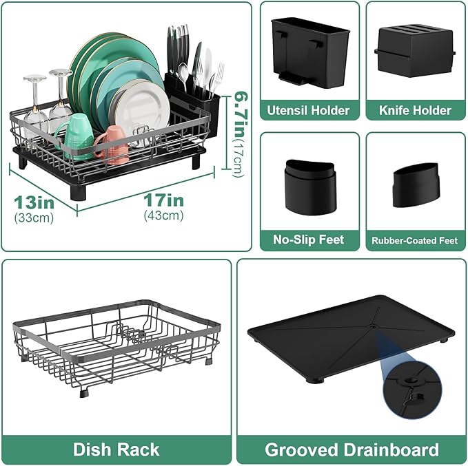 MOUKABAL Dish Drying Rack with Drainboard for Kitchen Counter, Grey | 13×17 Large Capacity/Rustproof Stainless Steel/Fast Drainage Dish Drainer/Removable Utensil Holder/Kitchen Counter Organizer - Image 2