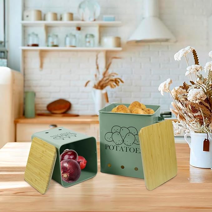 Kitchen Vegetable Storage Tins Set of 2, Onion and Potato Storage Bins with Wooden Lid and Aerating Holes, Garlic Bin Caddy, Vintage Kitchen Decor, Green - Image 5