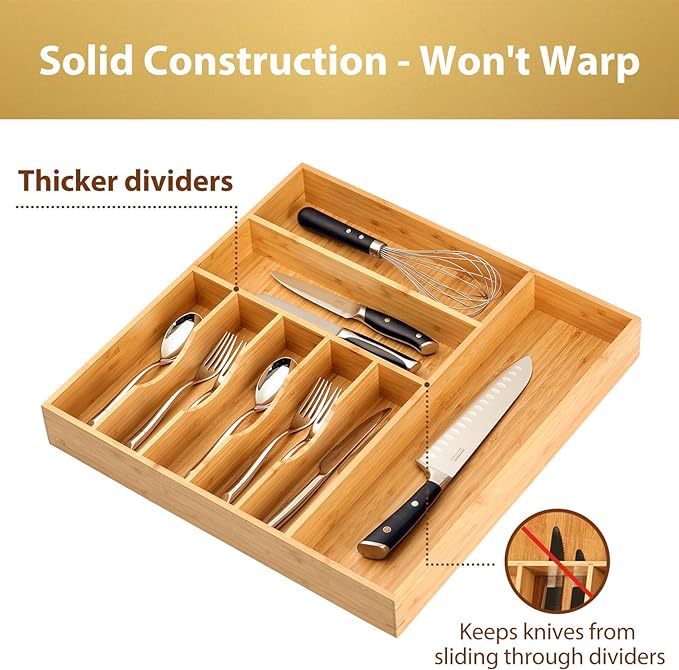 Large Kitchen Drawer Organizer, 19"x19" Silverware Utensils Organizer, 2.5" High for Large Deep Drawers, Bamboo Flatware Holder with Thick Frames, Sturdy Kitchen Organization Tray - Image 3