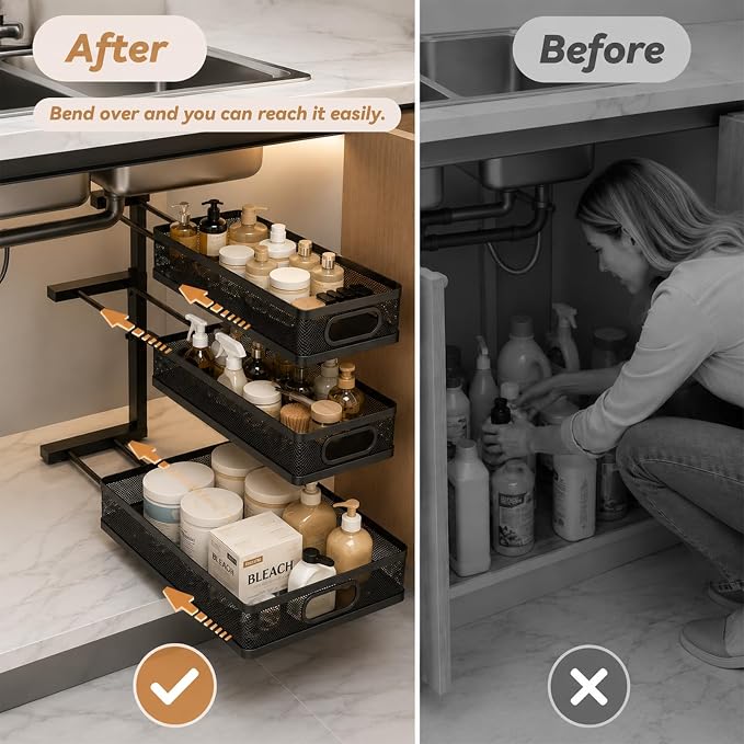 3-Tier Under Sink Organizer 2-Pack Organization for Bathroom Kitchen,Black | Thickened Metal Pull Out Cabinet Shelf Height Adjustable Slide Out Drawer Storage Rack for Pantry Laundry Home Office - Image 5